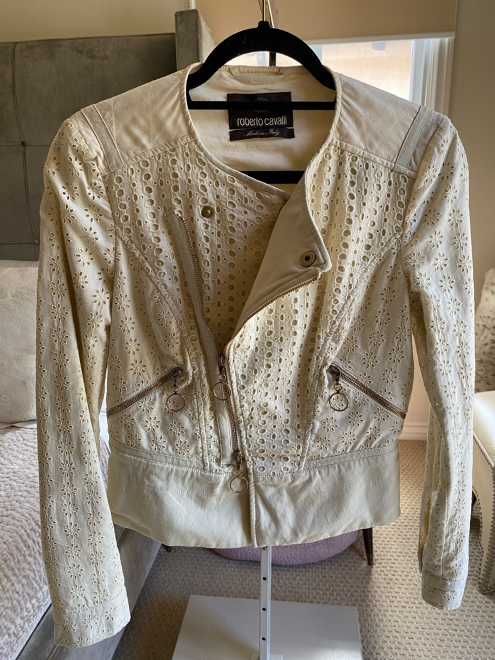 Roberto Cavalli Cream Eyelet Perforated Leather Jacket
